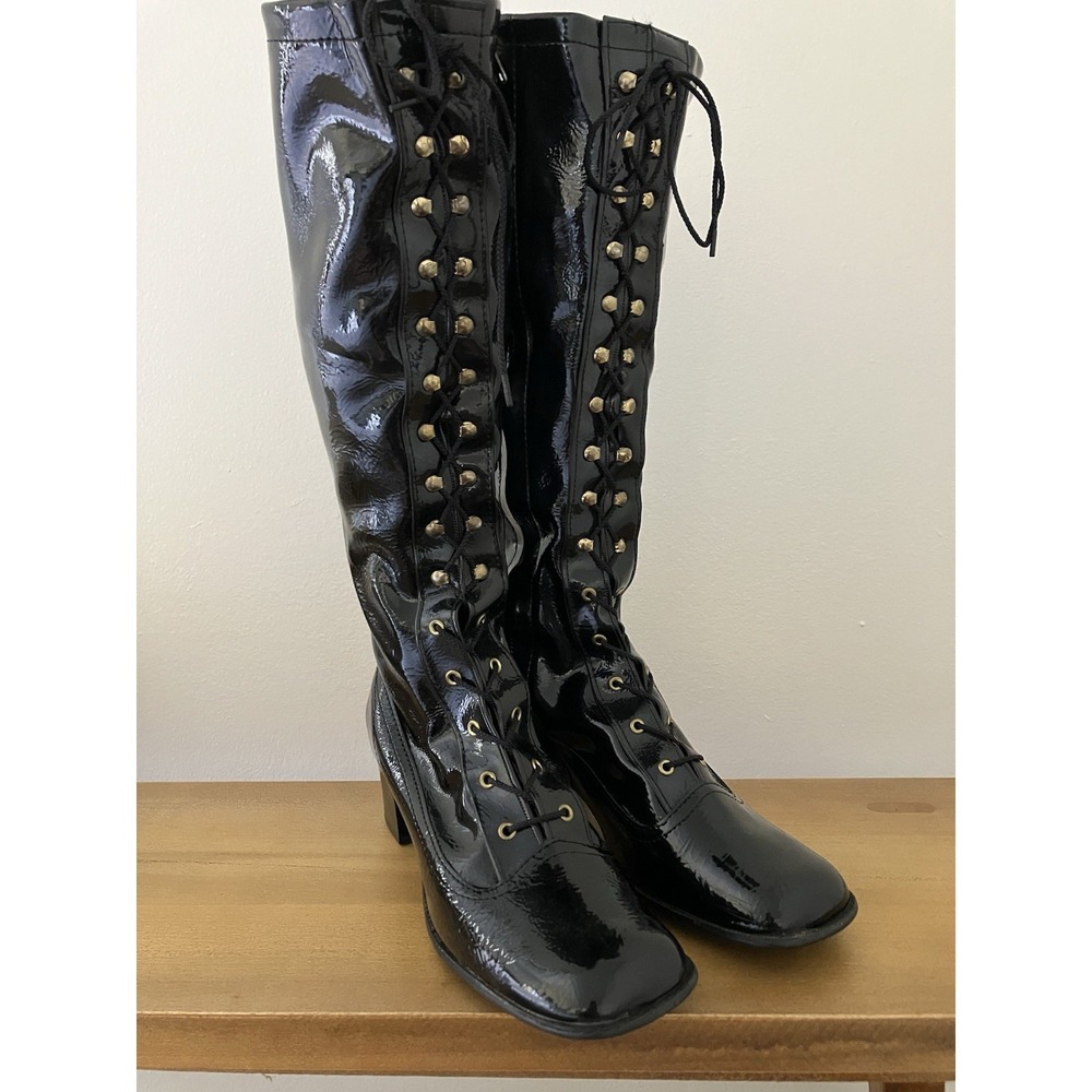 Montgomery Ward Black Patent Shiney Go Go Boots Size 7M VTG 1970's With Box